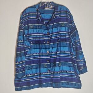 Chicos Shirt Womens 3 Blue Embroidered Beaded Artsy Dupioni Silk Blouse Top XL